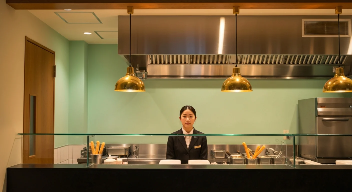 木のカウンターと照明が並ぶチュロス店の店内