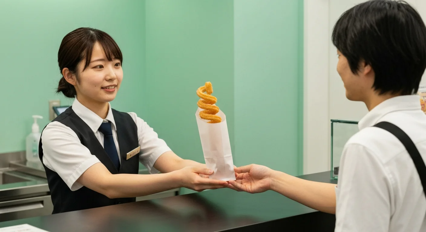 店頭で紙袋に入れた揚げたてチュロスを受け取る手元